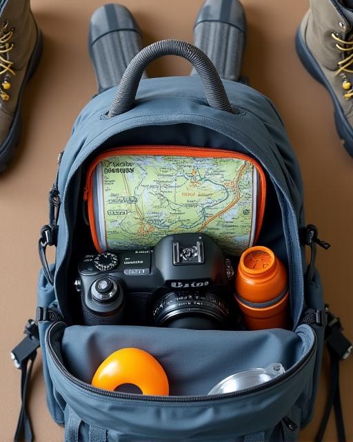 Ein offener Rucksack mit Kamera, Karte und Wanderausrüstung, bereit für die Reise.