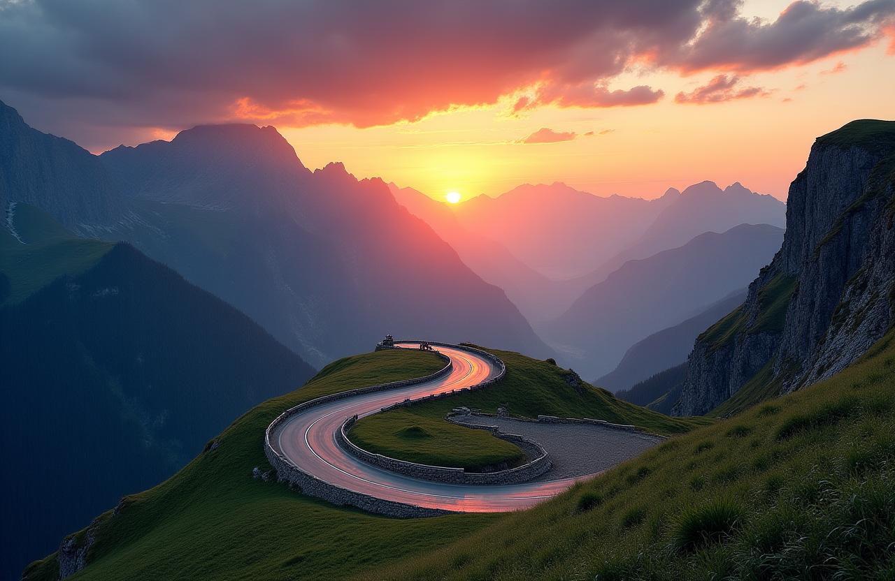 Eine kurvige Bergstraße in den österreichischen Alpen bei Sonnenuntergang.